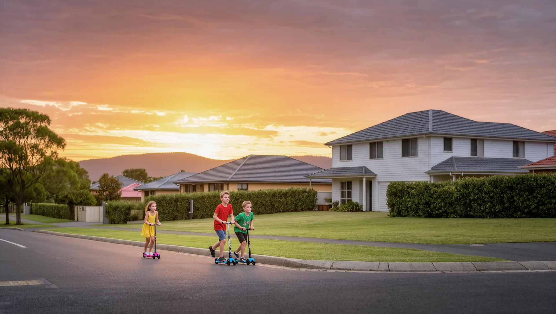 Golden-hour view of a walkable residential street in the new community.